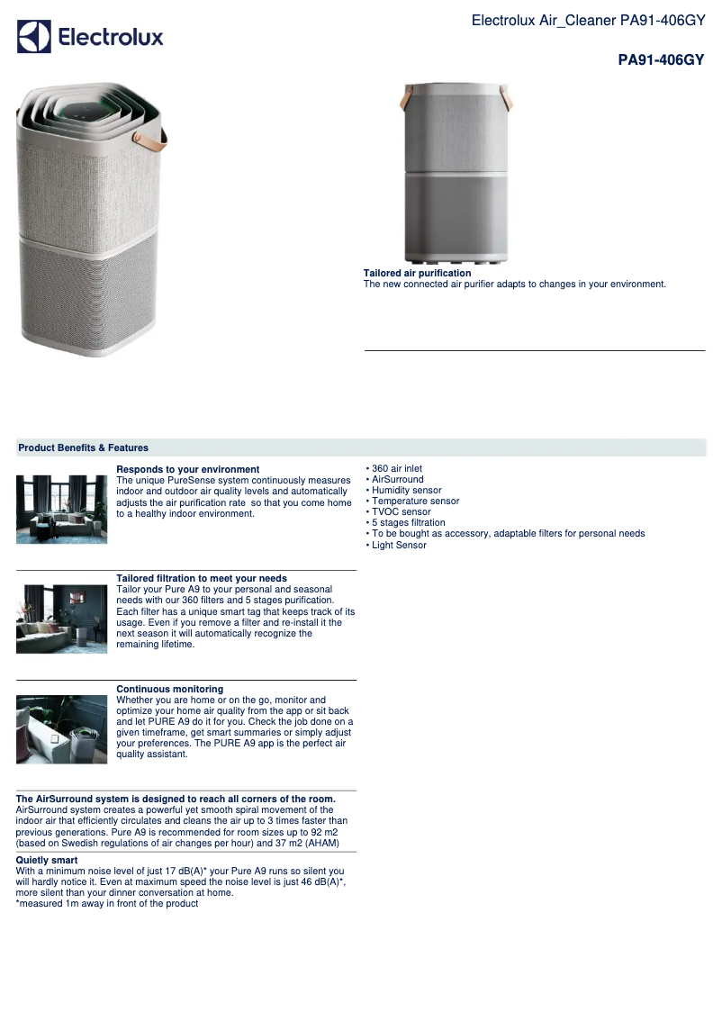 Page 1 de la notice Fiche technique Electrolux Pure A9 PA91-406GY