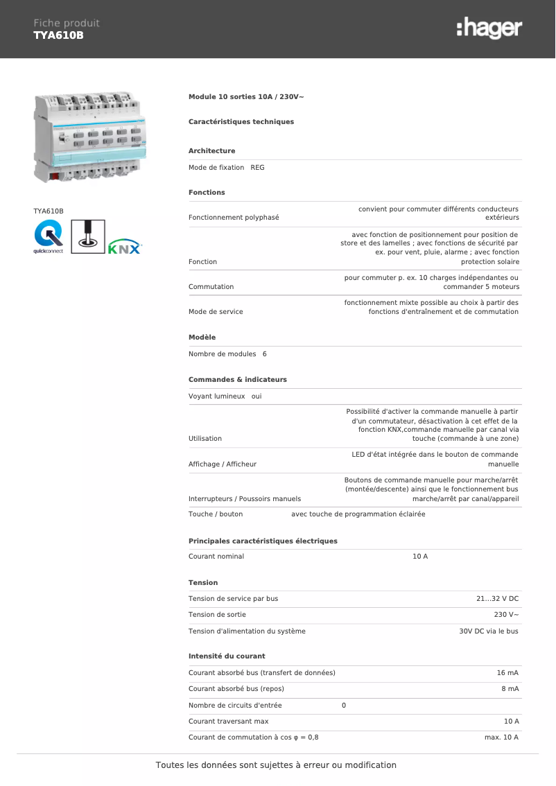 Page n°1 - Fiche technique Hager TYA610B