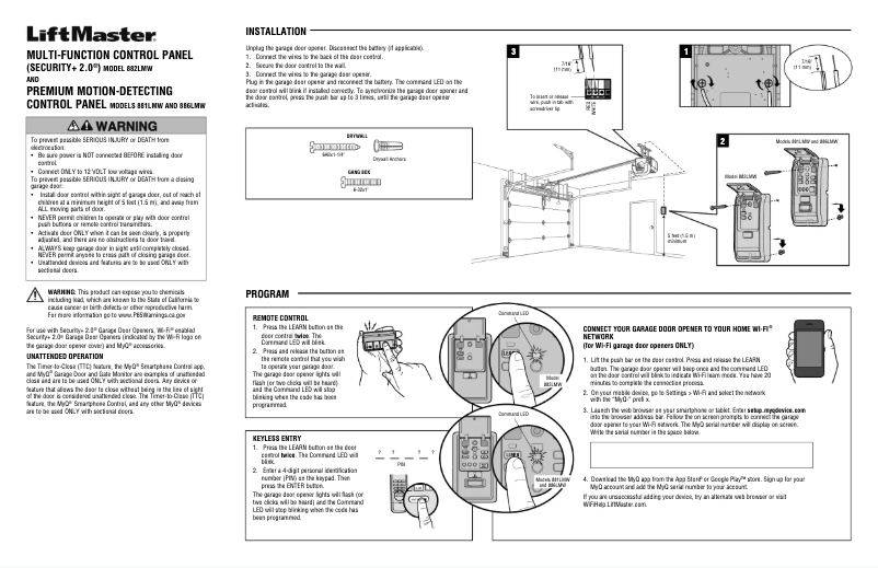 Page n°1 - Manuel utilisateur LiftMaster 886LMW