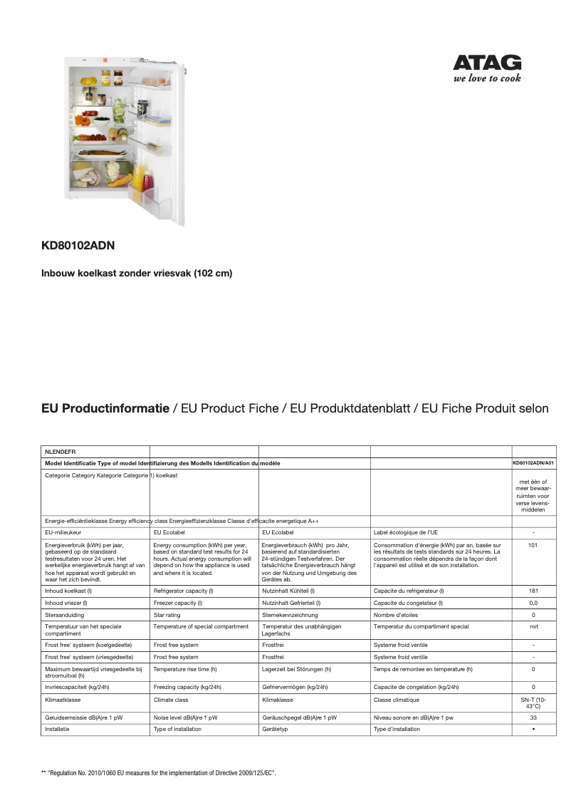 Page 1 de la notice Fiche technique Atag KD80102ADN