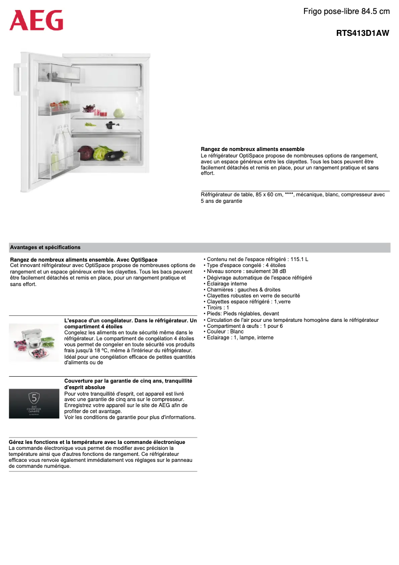 Page 1 de la notice Fiche technique AEG RTS413D1AW