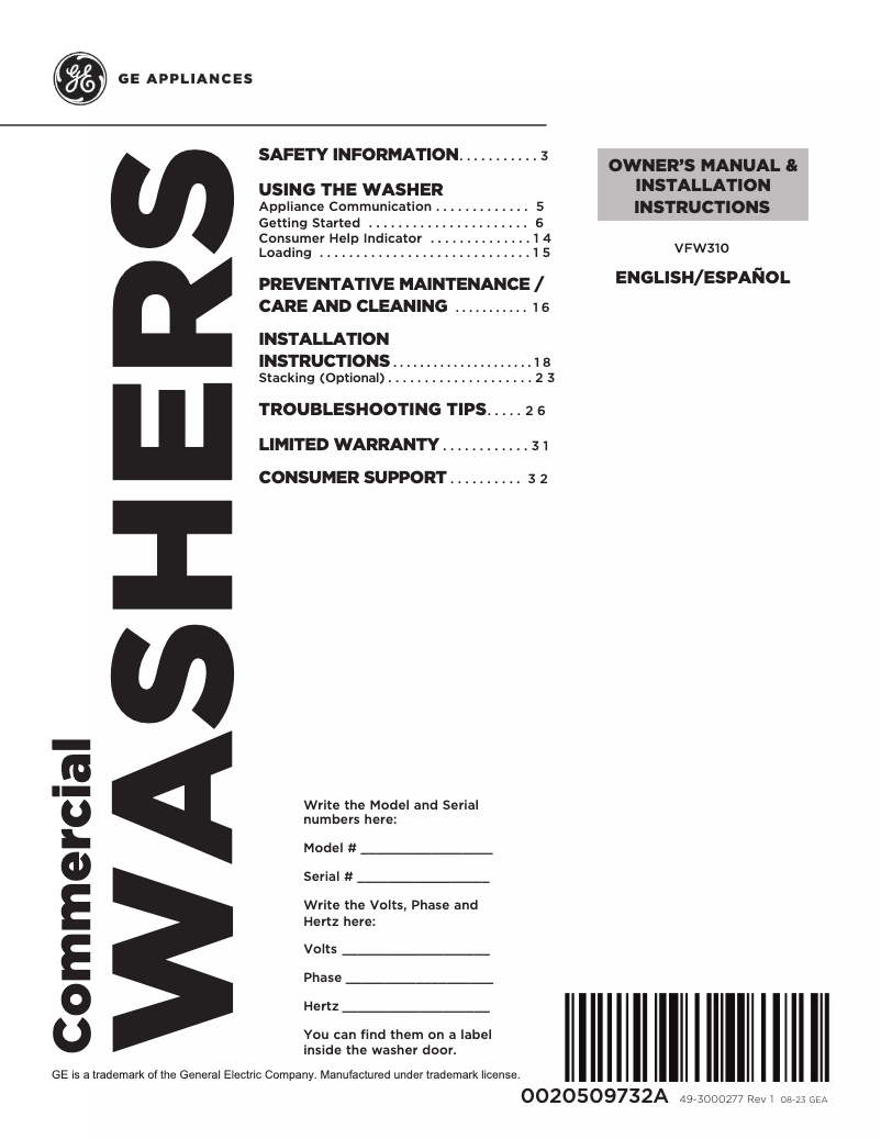 Page n°1 - Manuel d'utilisation et d'entretien GE VFW310SSRWW