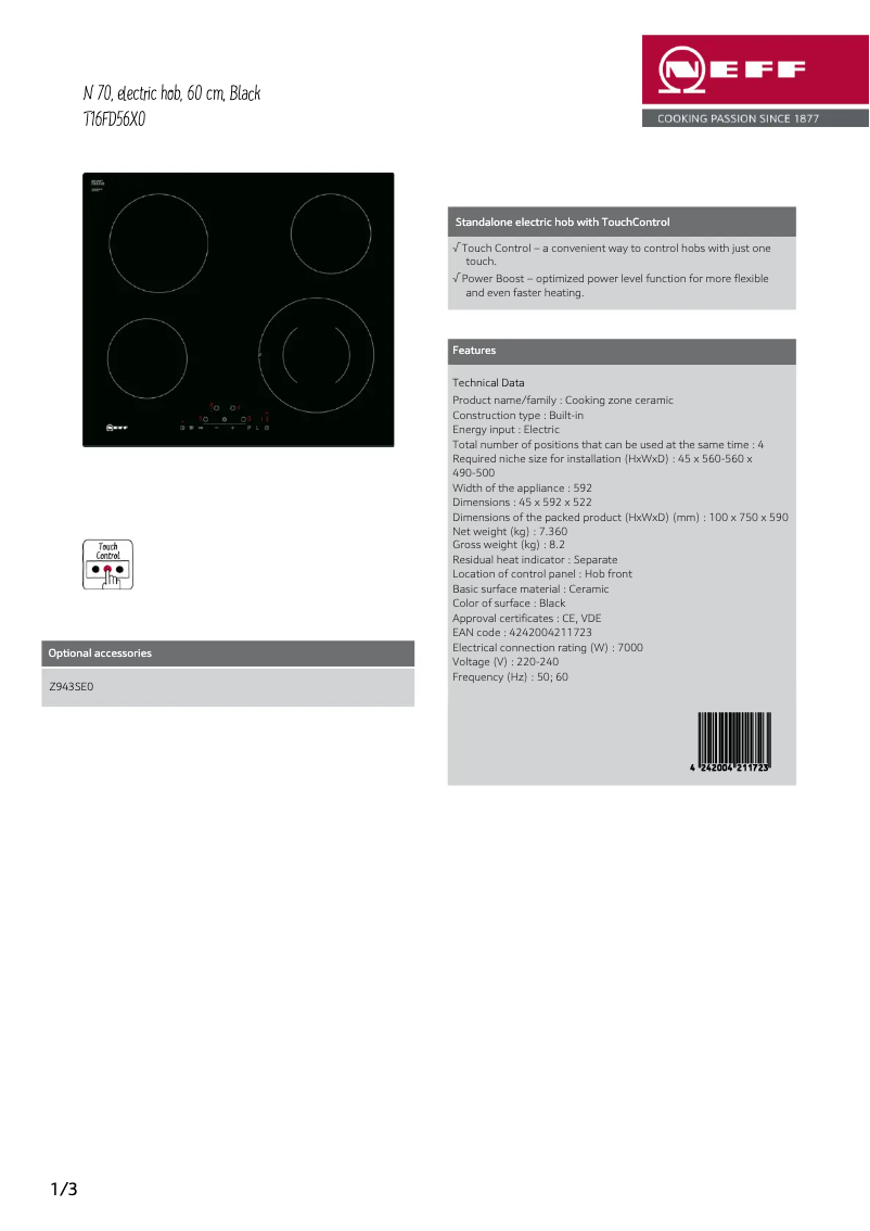 Page 1 de la notice Fiche technique Neff T16FD56X0
