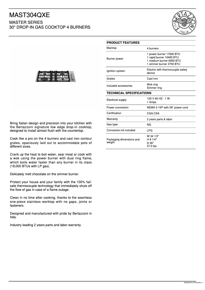Page 1 de la notice Fiche technique Bertazzoni MAST304QXE