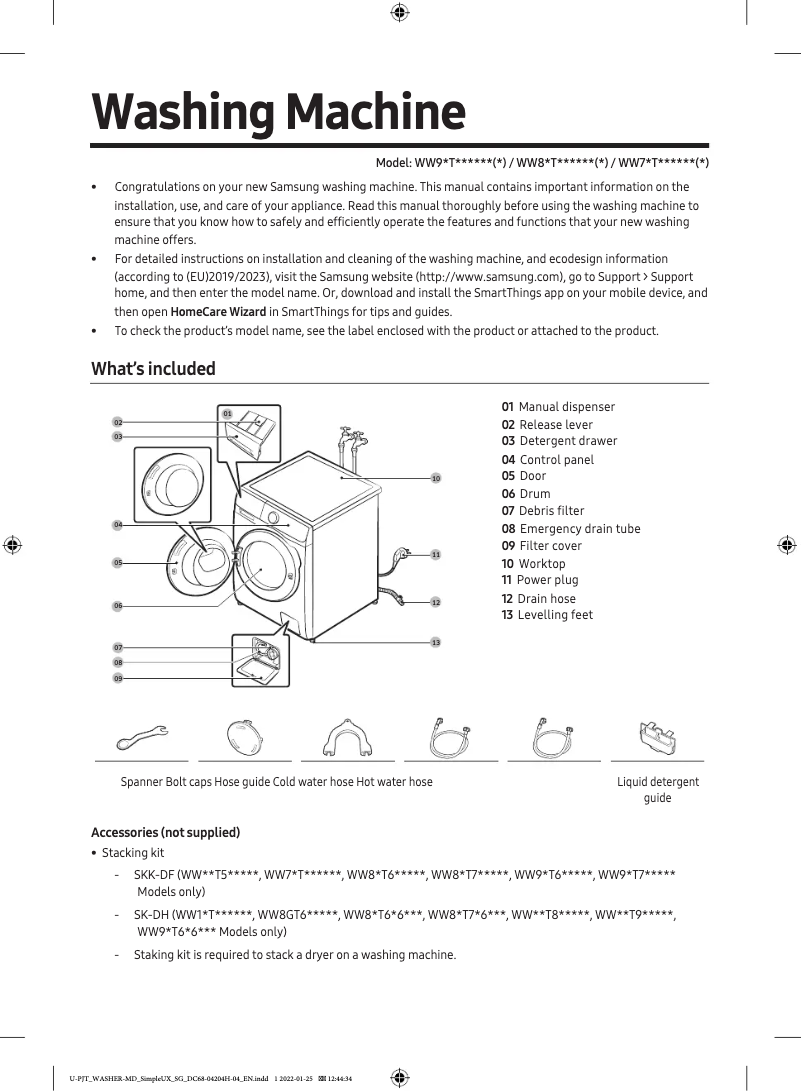 Page n°1 - Guide de démarrage rapide Samsung WW80T504DAE