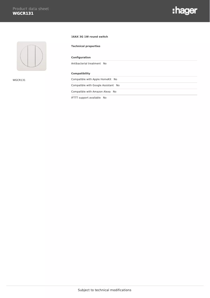 Page 1 de la notice Fiche technique Hager WGCR131
