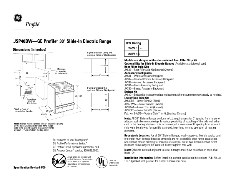 Page 1 of the manual Technical Sheet GE Profile JSP40BWBB