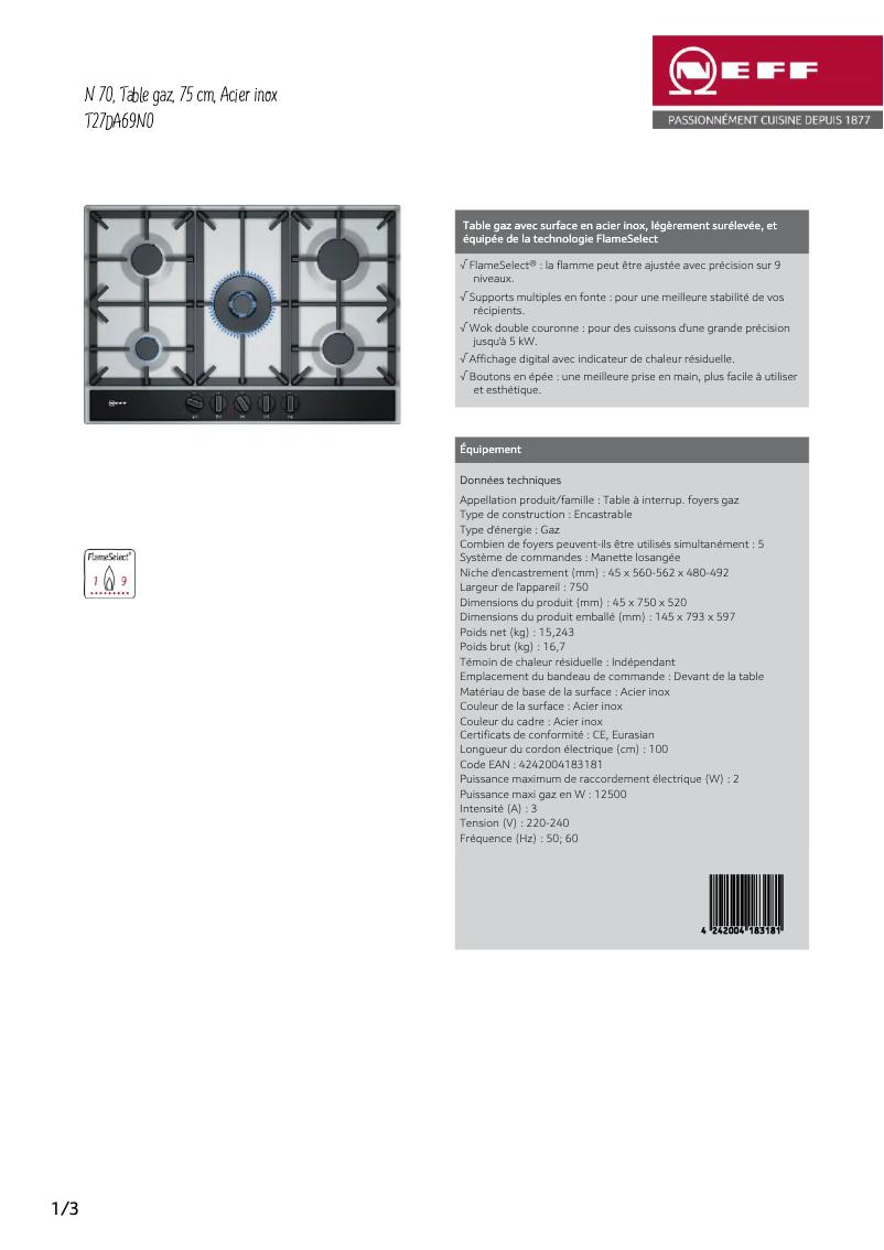 Page n°1 - Fiche technique Neff T27DA69N0