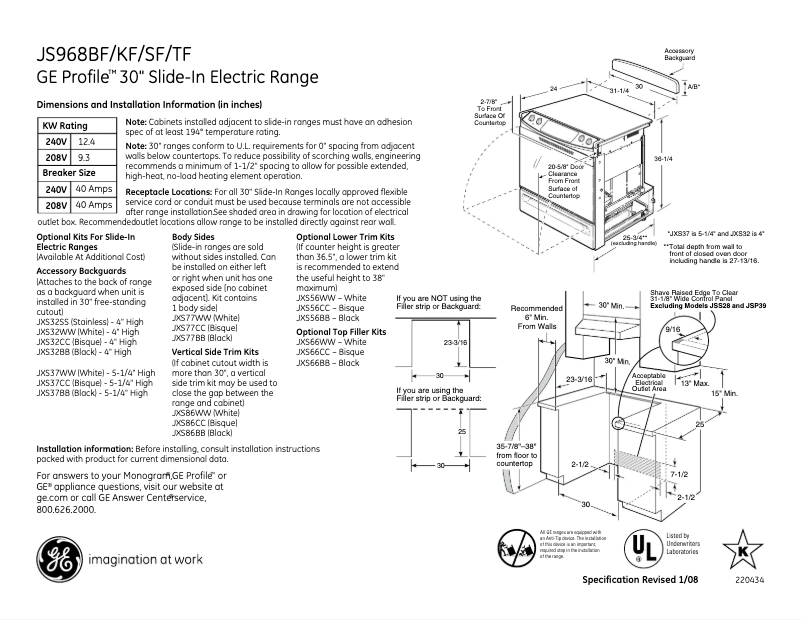 Page 1 of the manual Technical Sheet GE Profile JS968SFSS