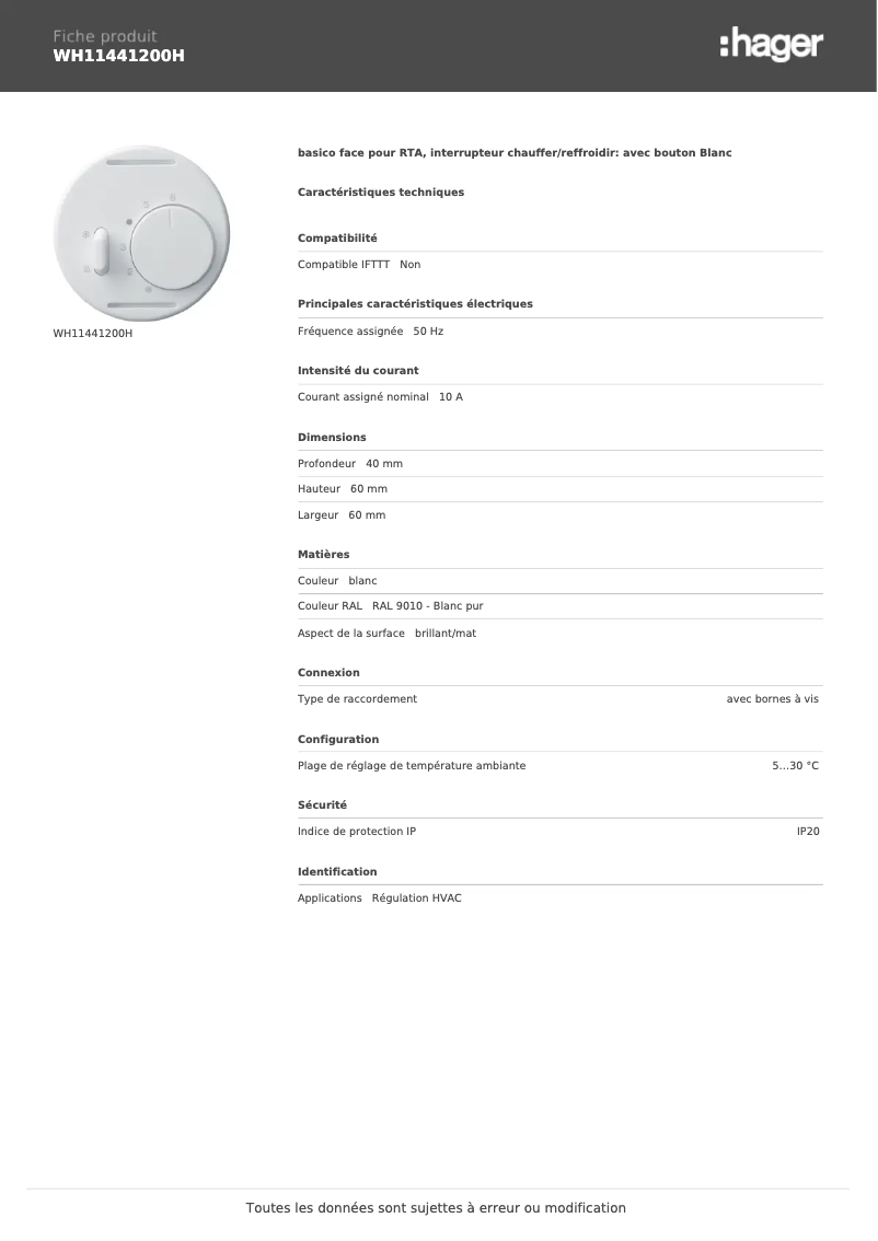 Page 1 de la notice Fiche technique Hager WH11441200H