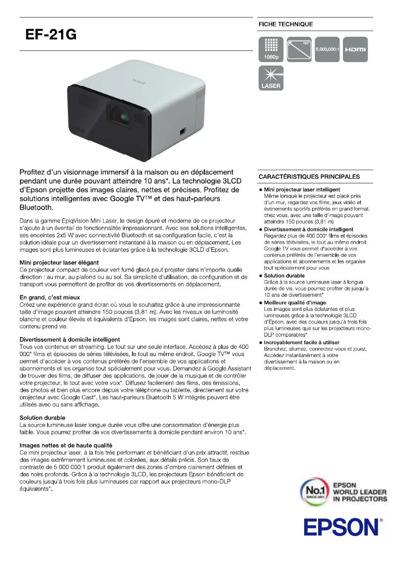 Page 1 de la notice Manuel utilisateur Epson EF21G