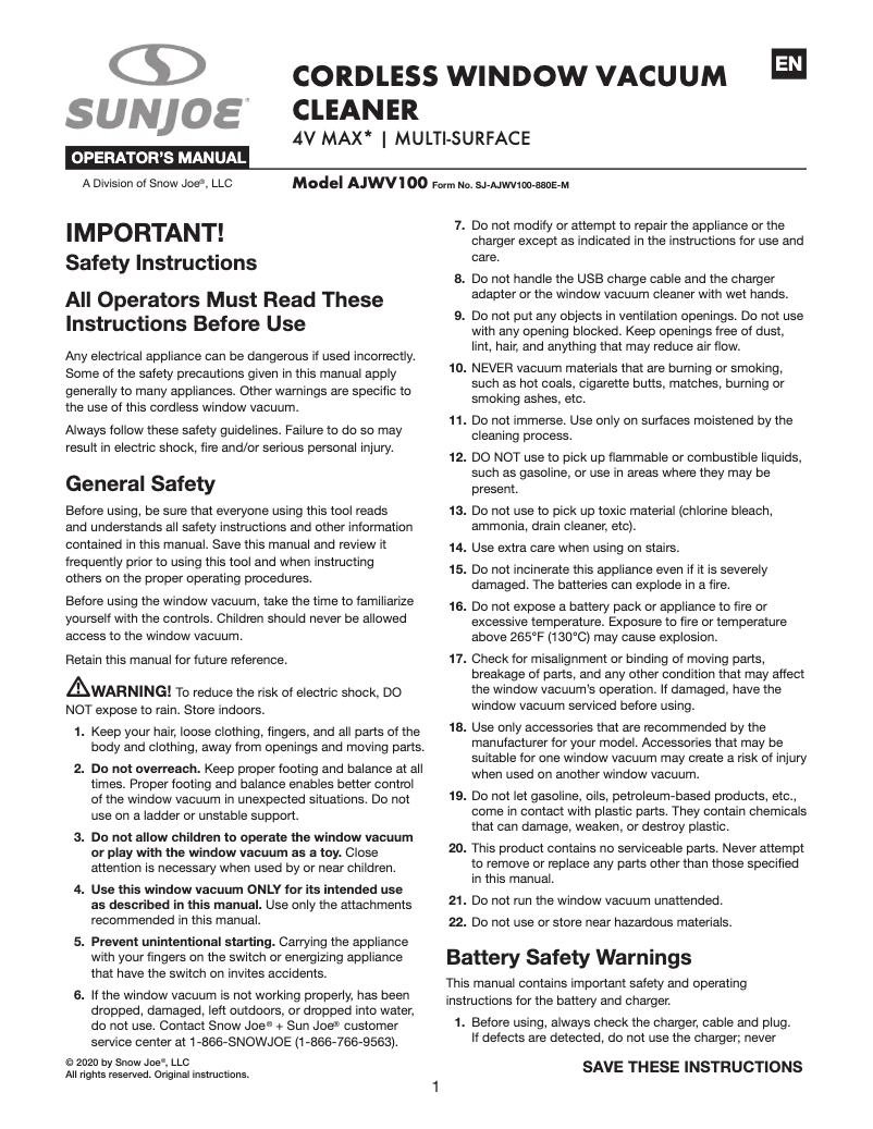 Page 1 de la notice Manuel utilisateur Sun Joe AJWV100