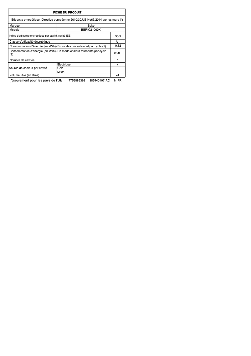 Page 1 de la notice Fiche technique Beko BBRIC21000X