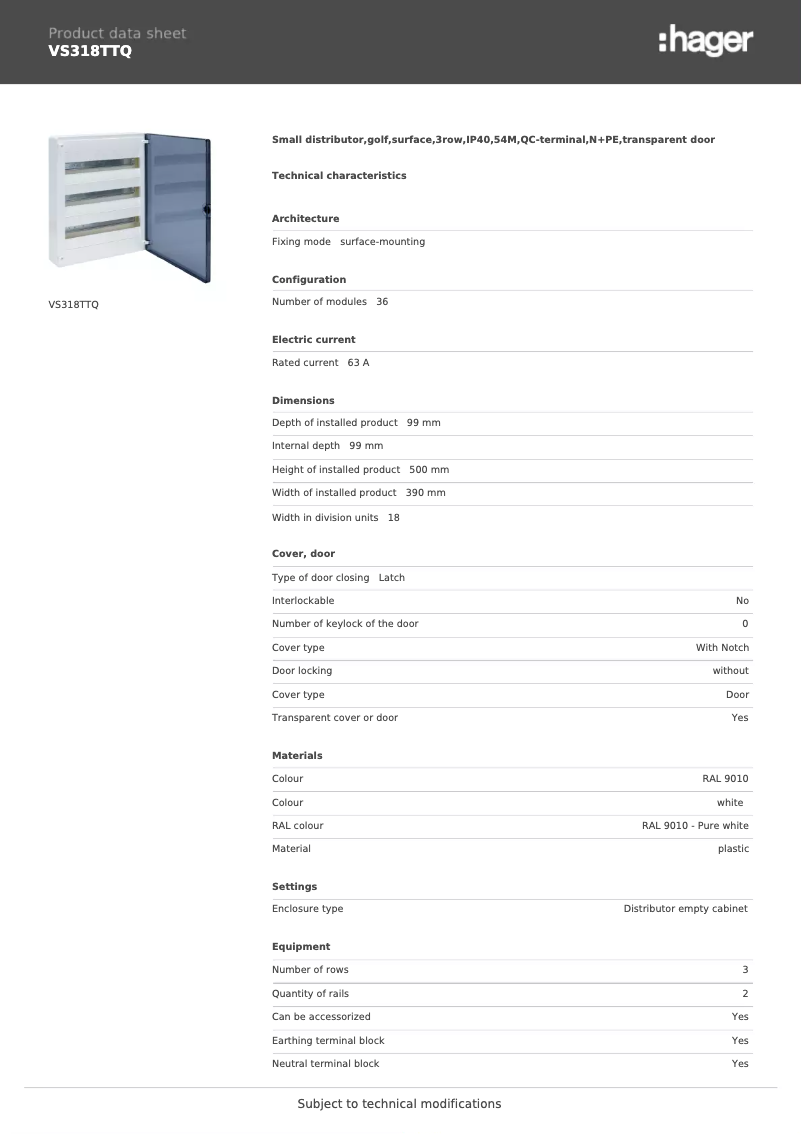 Page n°1 - Fiche technique Hager VS318TTQ