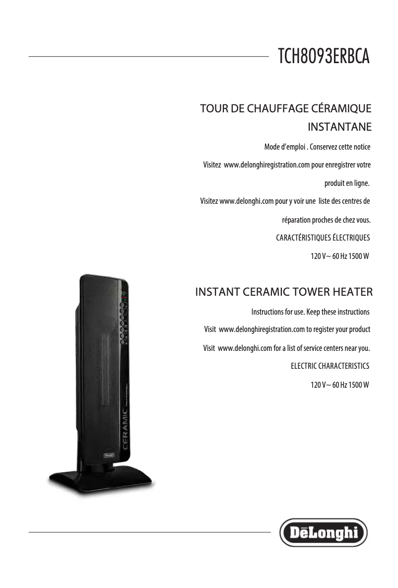 Page 1 de la notice Manuel utilisateur DeLonghi TCH8093ER