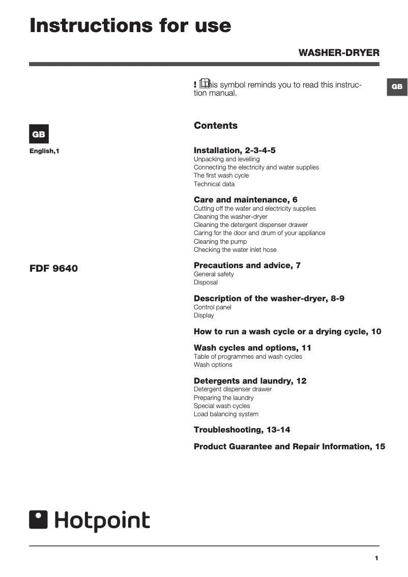 Page n°1 - Manuel utilisateur Hotpoint FDF 9640 K UK