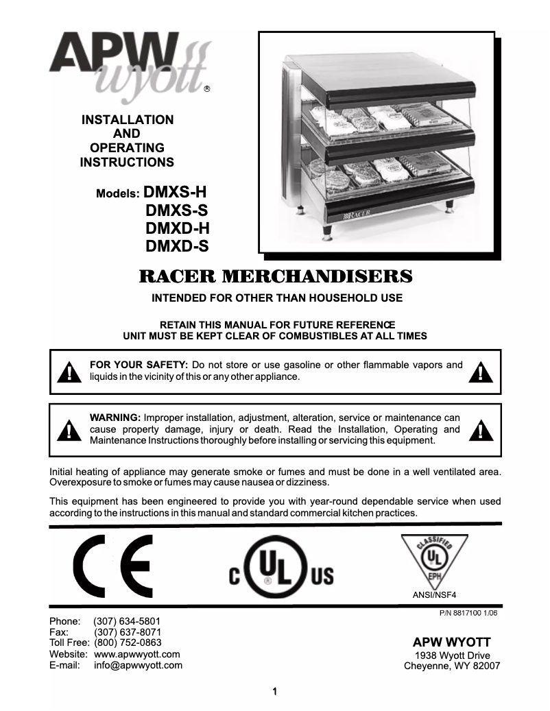Page n°1 - Manuel utilisateur APW Wyott Racer DMXS-30S