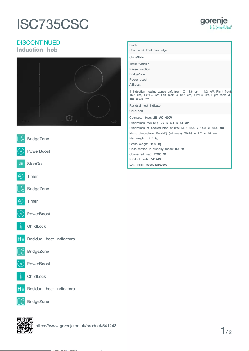 Page 1 de la notice Fiche technique Gorenje ISC735CSC