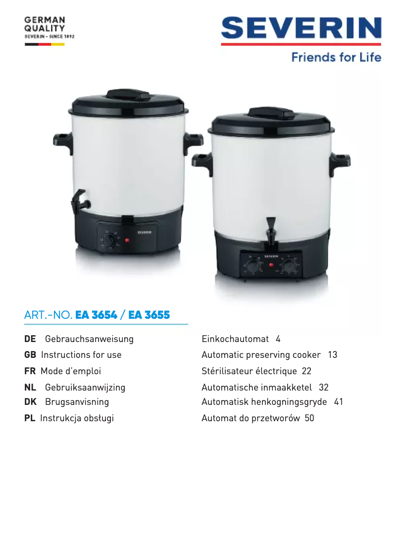 Page n°1 - Manuel utilisateur Severin EA 3654