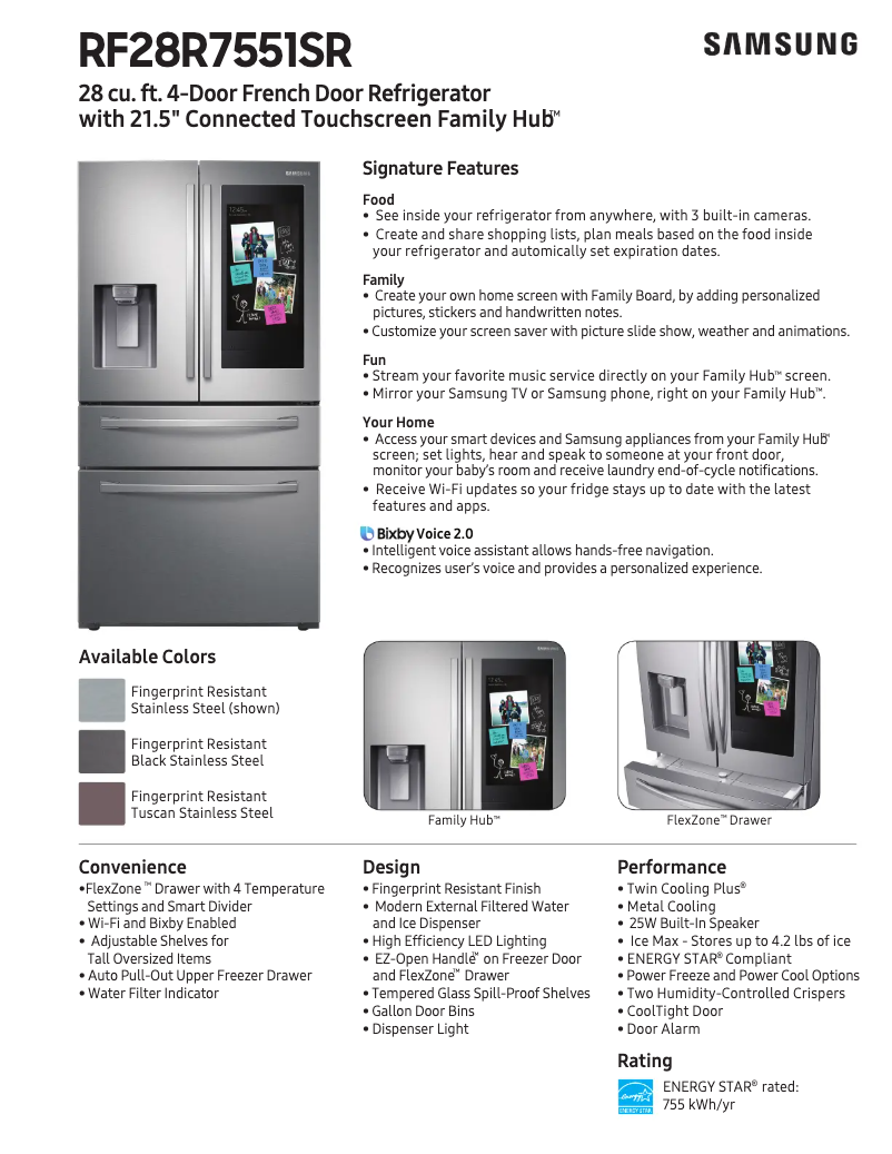 Page 1 de la notice Fiche technique Samsung RF28R7551SR/AA