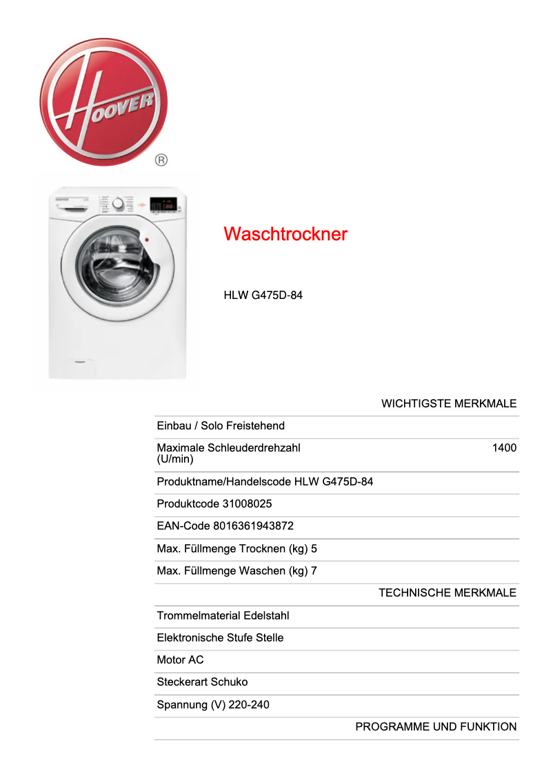 Page n°1 - Manuel utilisateur Hoover HLW G475D-84