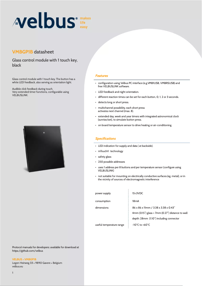 Página 1 del manual Ficha técnica Velbus VMBGP1B