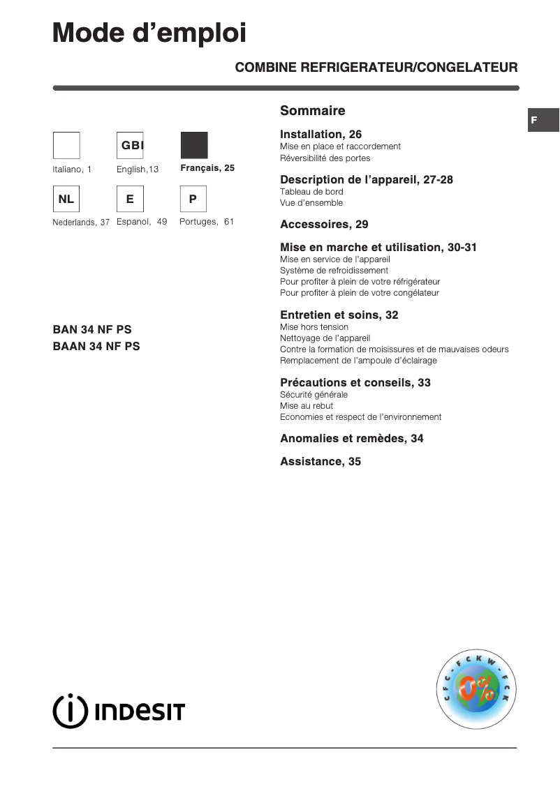 Page 1 de la notice Manuel utilisateur Indesit BAAN 34 NF PS