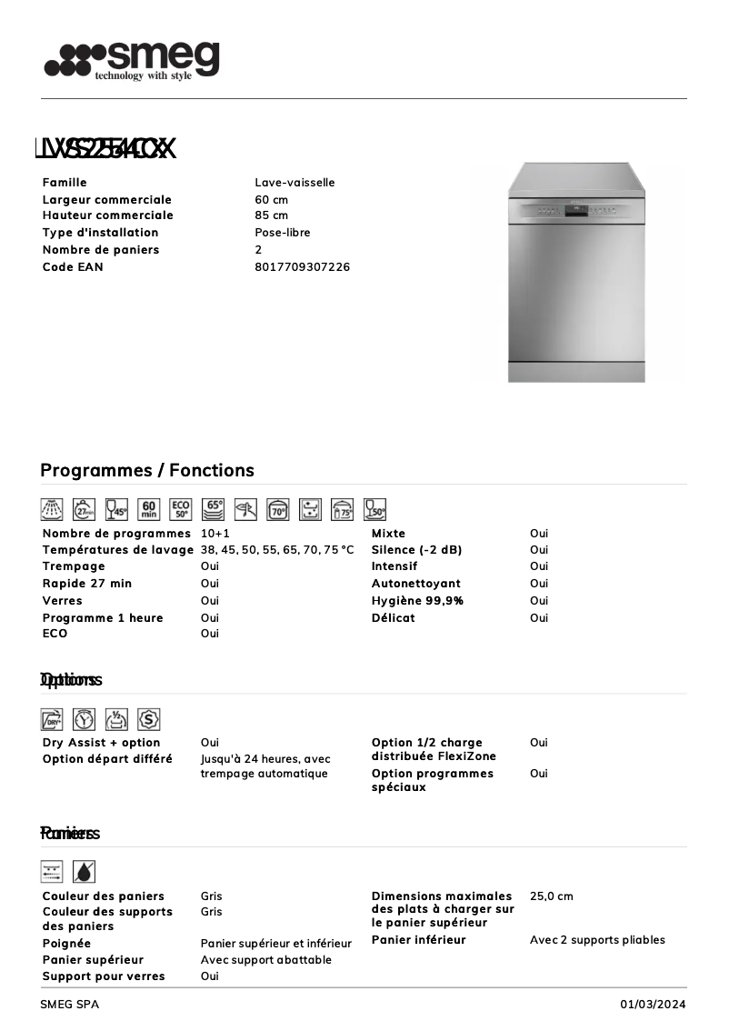 Page 1 de la notice Fiche technique Smeg LVS254CX