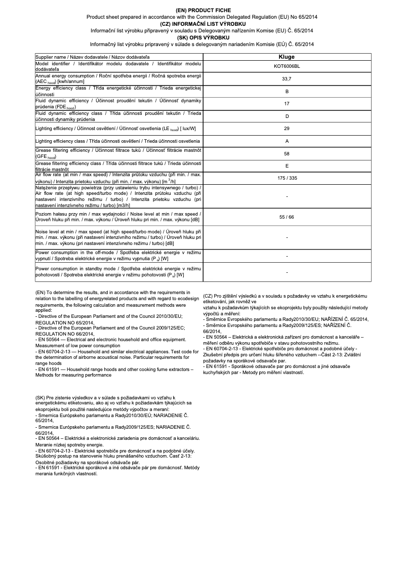 Page 1 de la notice Fiche technique Kluge KOT6006BL