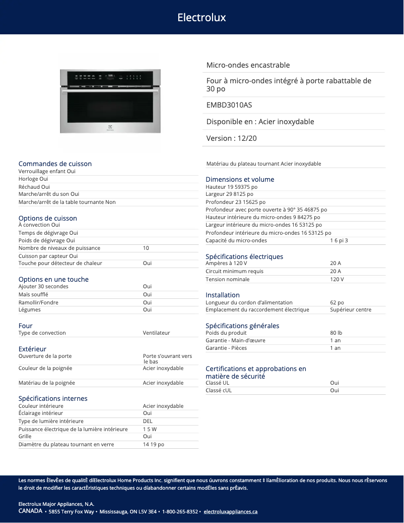 Page n°1 - Fiche technique Electrolux EMBD3010AS