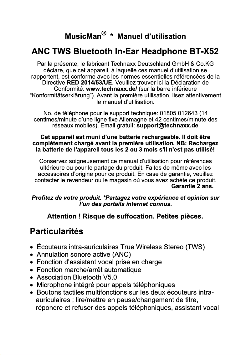 Page n°1 - Manuel utilisateur MusicMan BT-X52