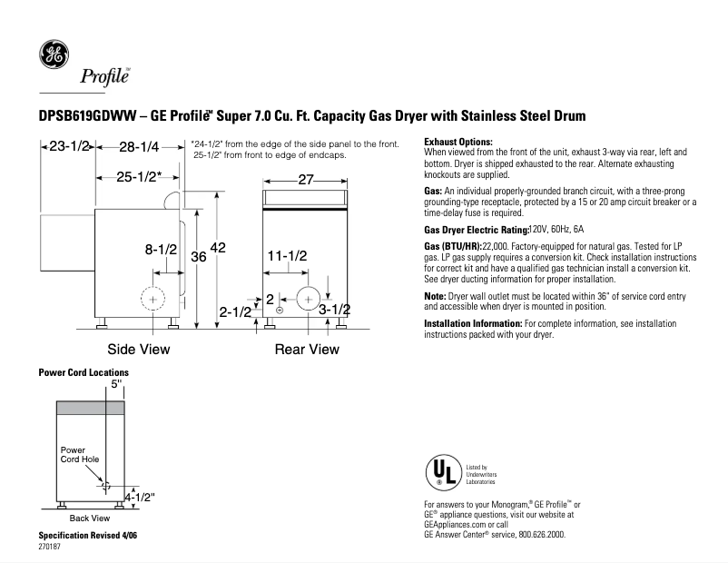 Page n°1 - Fiche technique GE Profile DPSB619GDWW