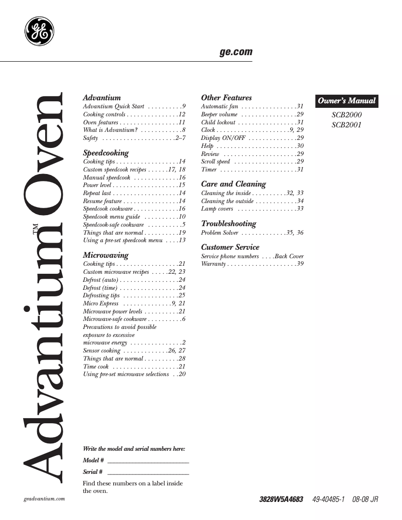 Page n°1 - Manuel d'utilisation et d'entretien Advantium SCB2000CCC