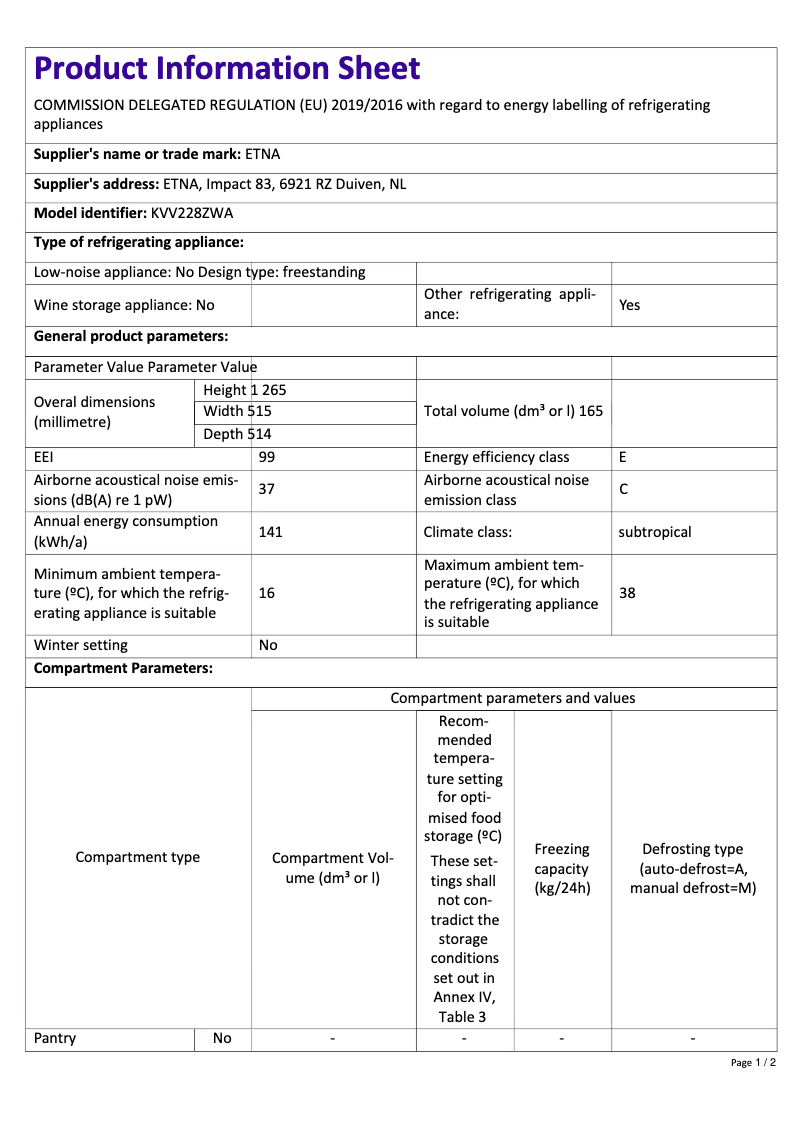 Page 1 de la notice Fiche technique Etna KVV228ZWA