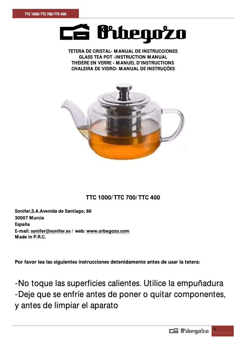 Page 1 de la notice Manuel utilisateur Orbegozo TTC 1000