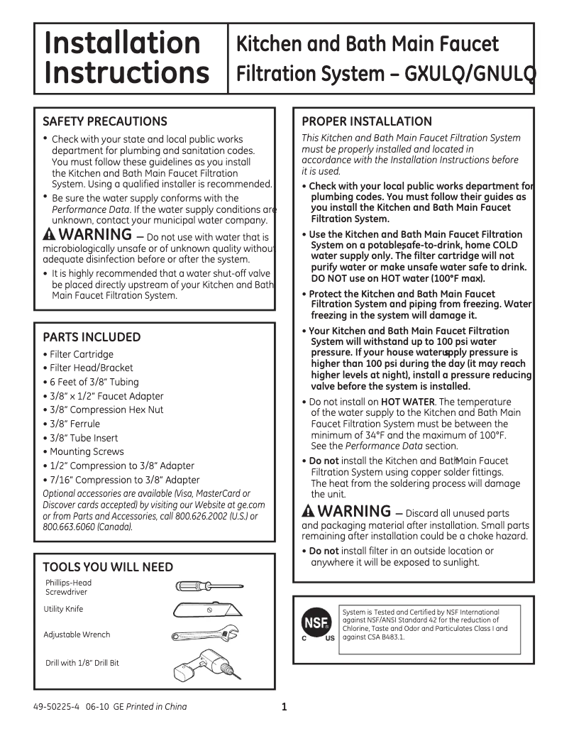 Page 1 de la notice Manuel d'utilisation et d'entretien GE GNULQ