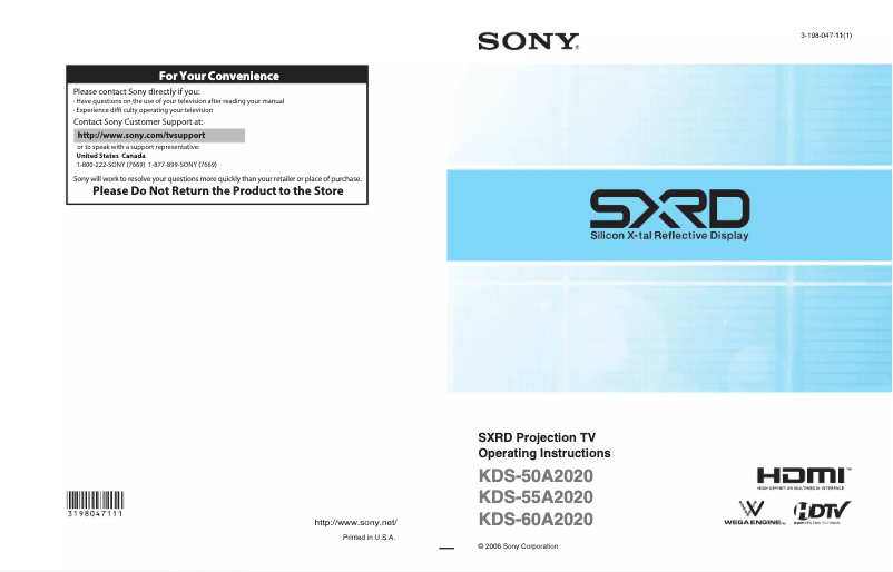 Page 1 de la notice Manuel utilisateur Sony Grand Wega KDS-55A2020