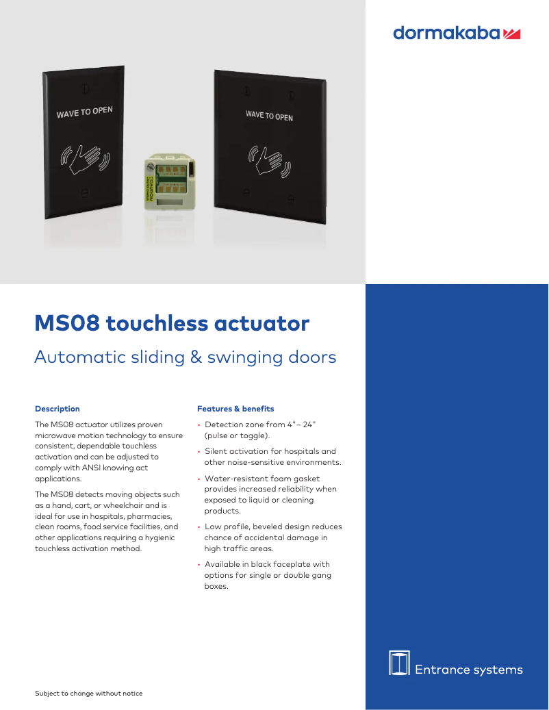 Page 1 de la notice Manuel utilisateur Dormakaba MS08