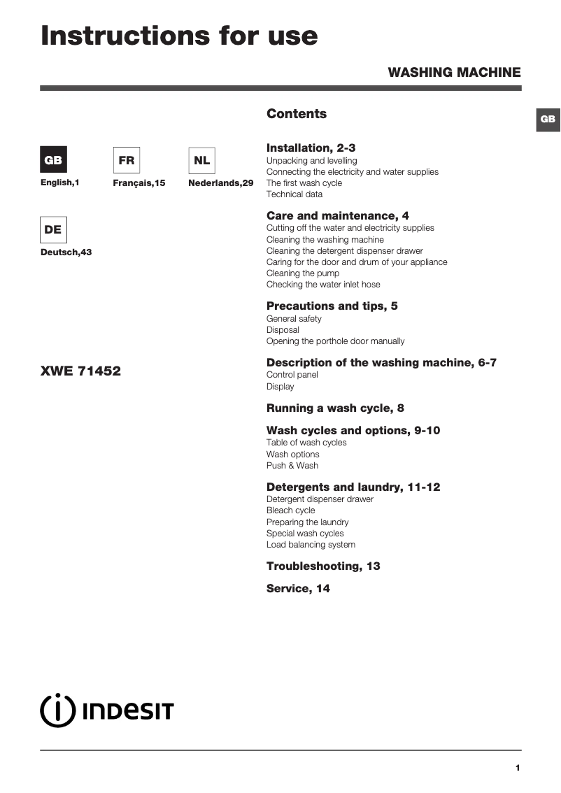 Page 1 de la notice Manuel utilisateur Indesit XWE 71452 W EU