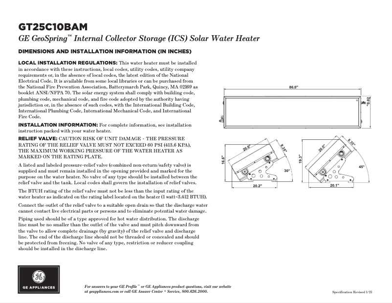 Page 1 de la notice Fiche technique GE GeoSpring GT25C10BAM