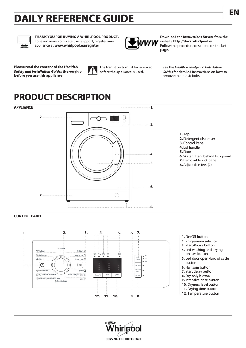 Page n°1 - Instructions / montage Whirlpool WWDE 7512