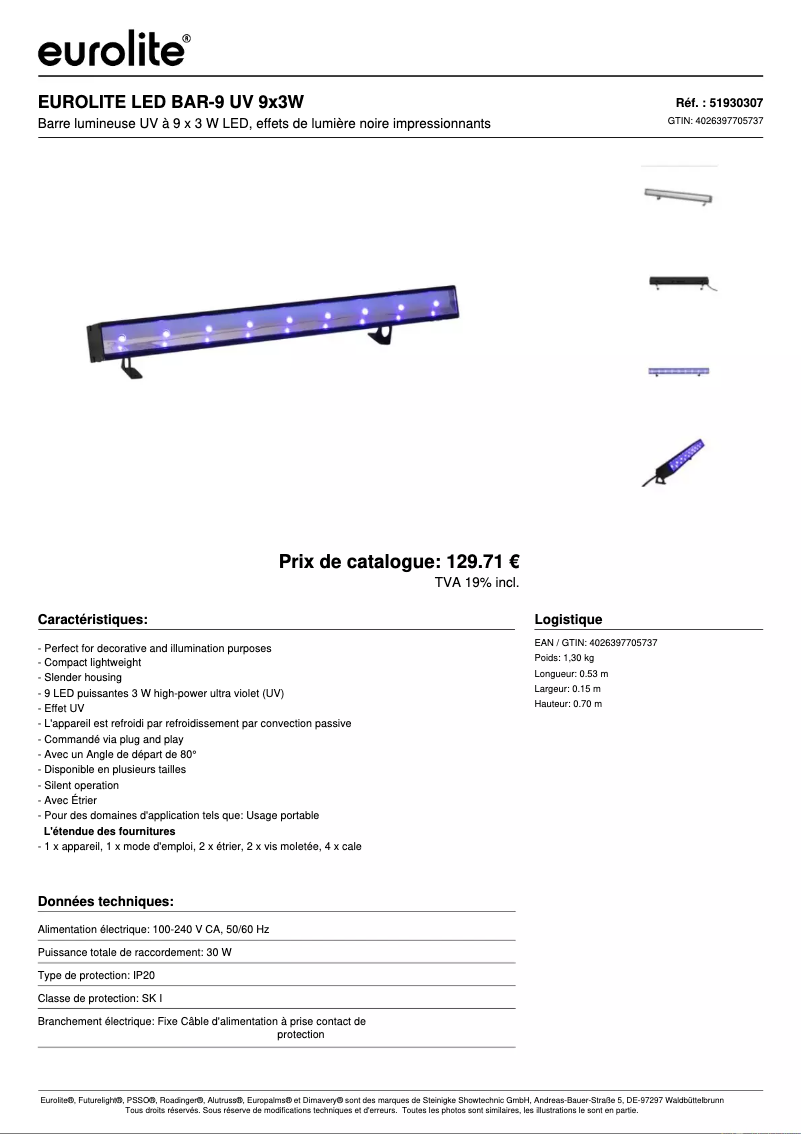 Page 1 de la notice Fiche technique Eurolite LED BAR-9