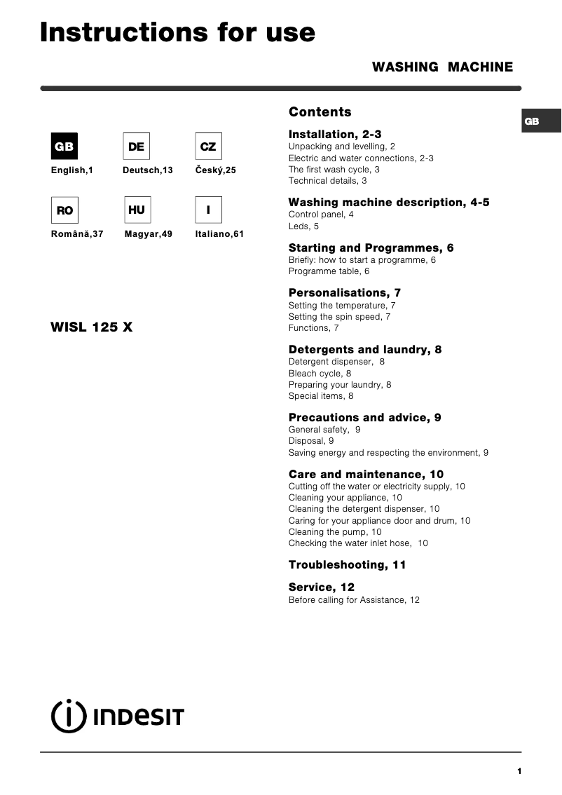 Image de la première page du manuel de l'appareil WISL 125 X (EX)