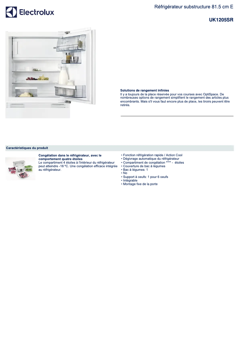 Page 1 de la notice Fiche technique Electrolux UK1205SR