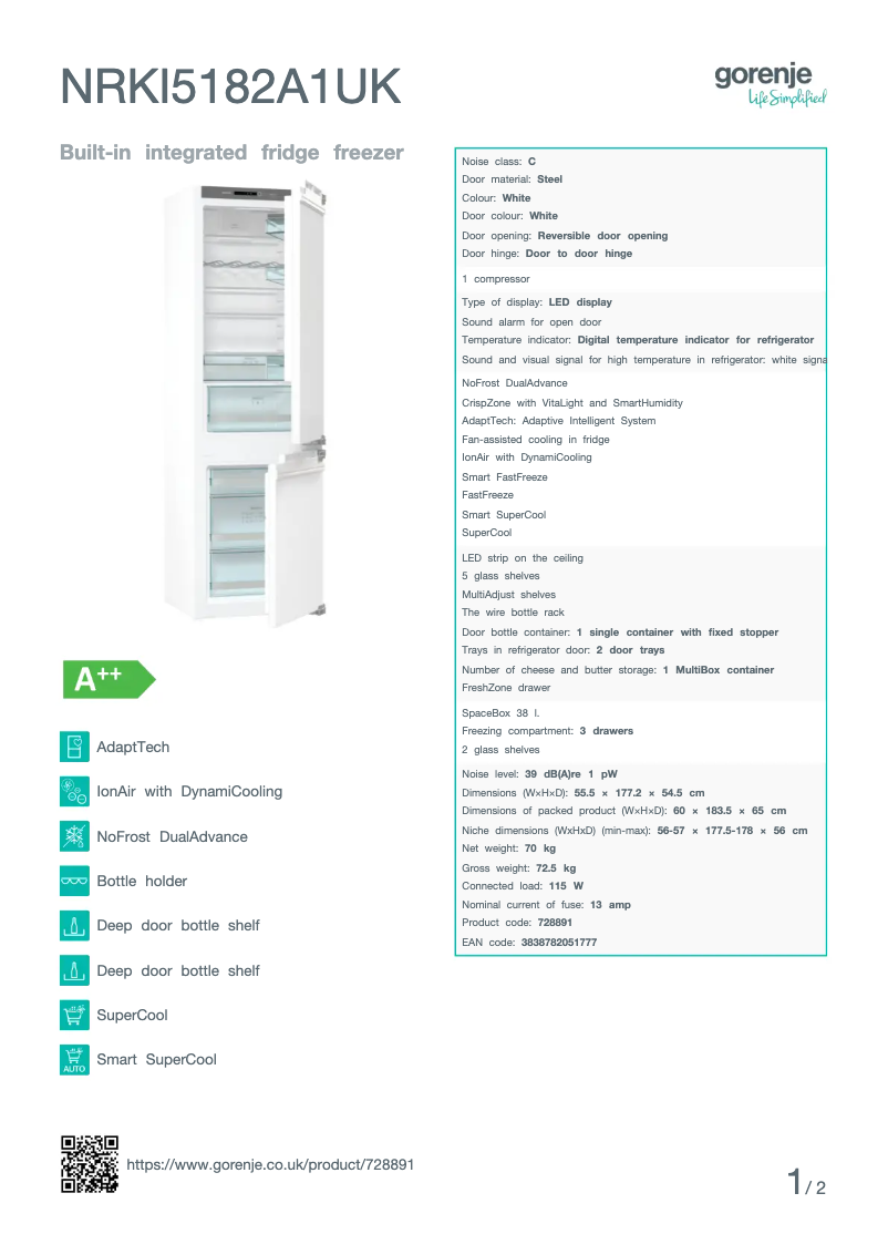 Page n°1 - Fiche technique Gorenje NRKI5182A1UK