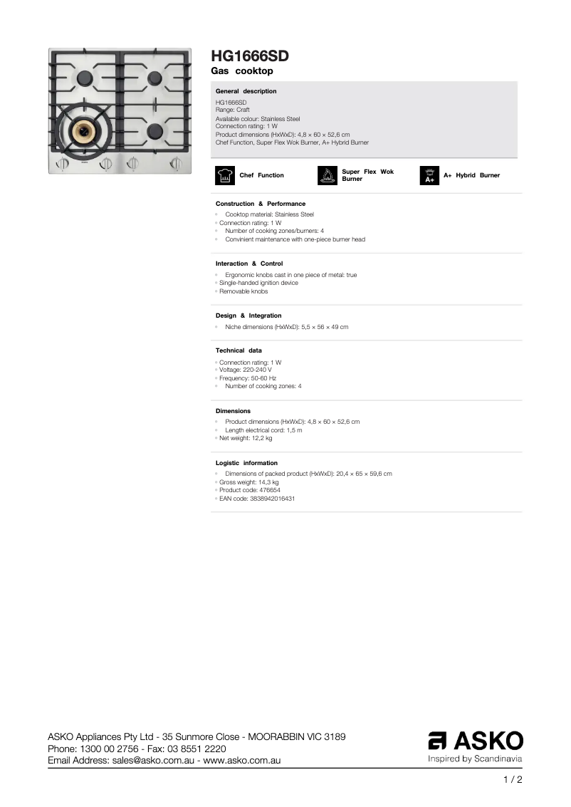 Page 1 de la notice Fiche technique Asko HG1666SD