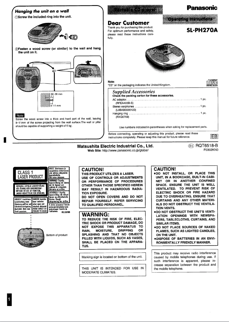 Page n°1 - Manuel utilisateur Panasonic SL-PH270
