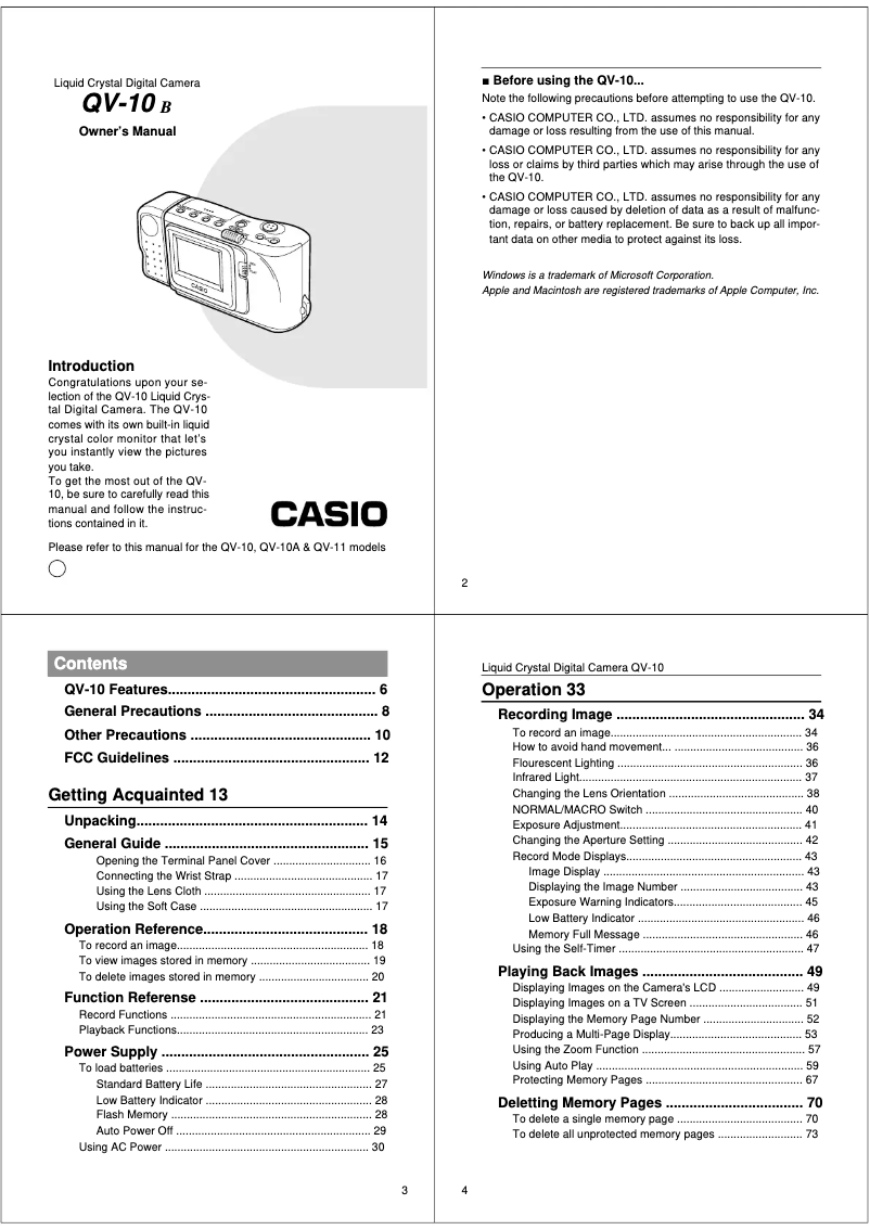Page n°1 - Manuel utilisateur Casio QV-10A