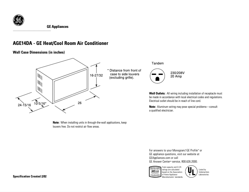 Page 1 de la notice Fiche technique GE A14DA