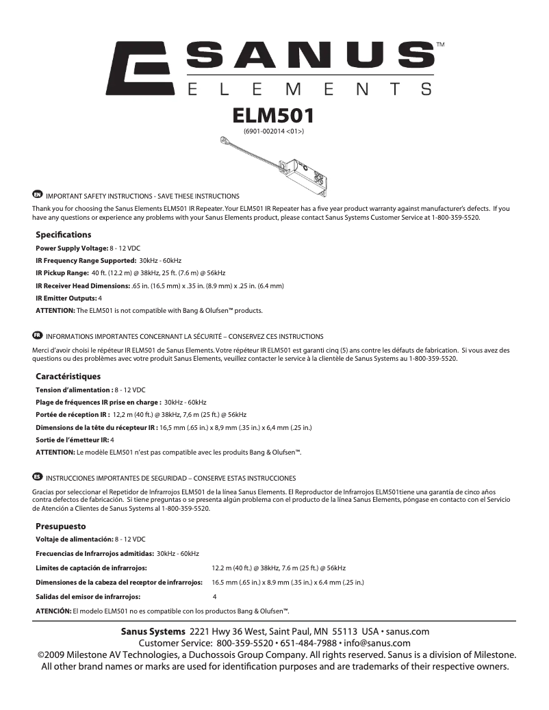 Page n°1 - Manuel utilisateur Sanus ELM501